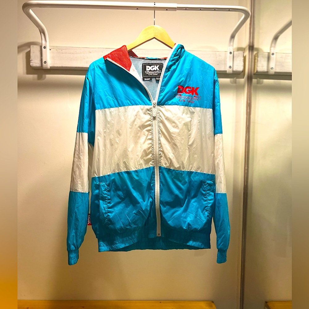 DGK (dirty ghetto kids), windbreaker in vibrant neon 90s colours; great vintage